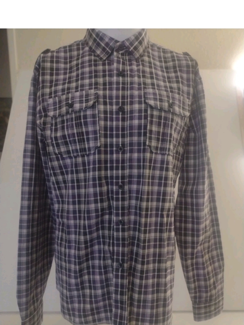 Sovereign Code Men's Large Blue Gray Plaid Button-Down Shirt Long Sleeve